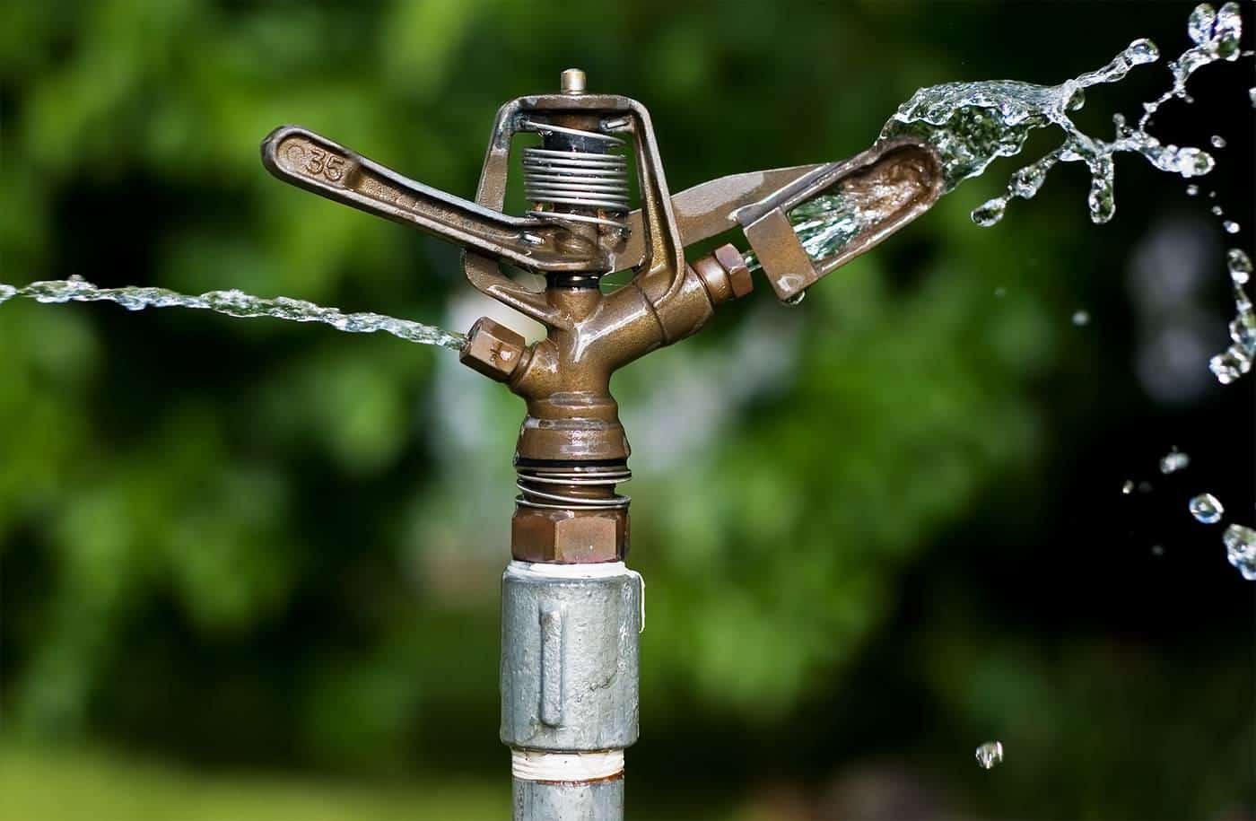 A brass impact sprinkler spraying water against a green background