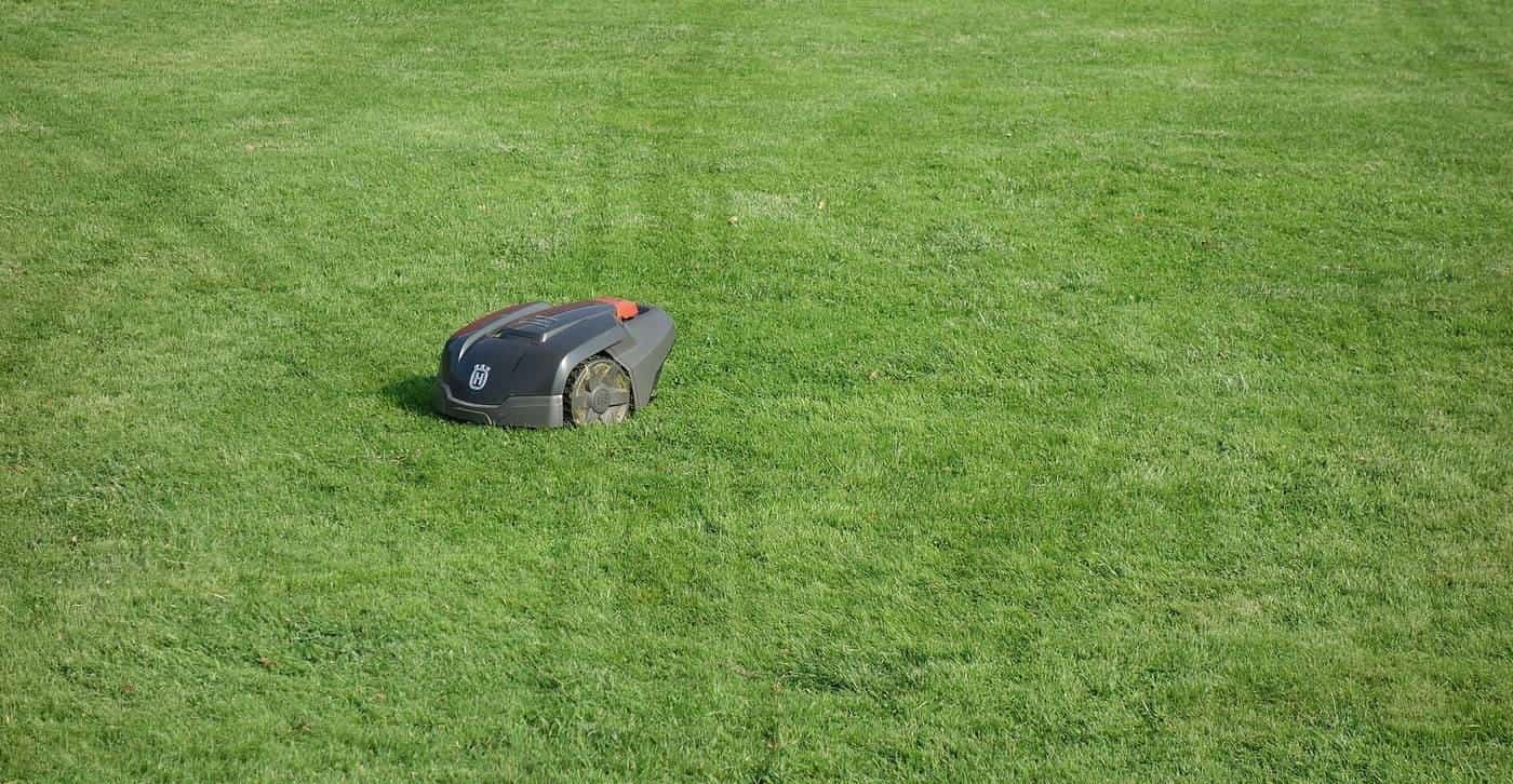 A small robotic lawn mower on a lawn with faint track marks behind it
