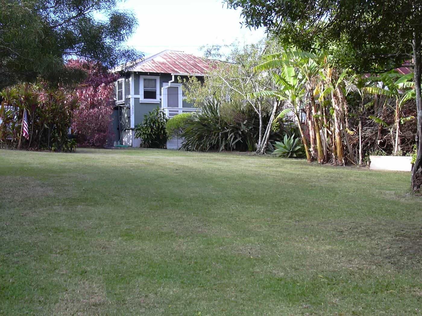 A wide, freshly mown suburban lawn in front of a house surrounded by trees