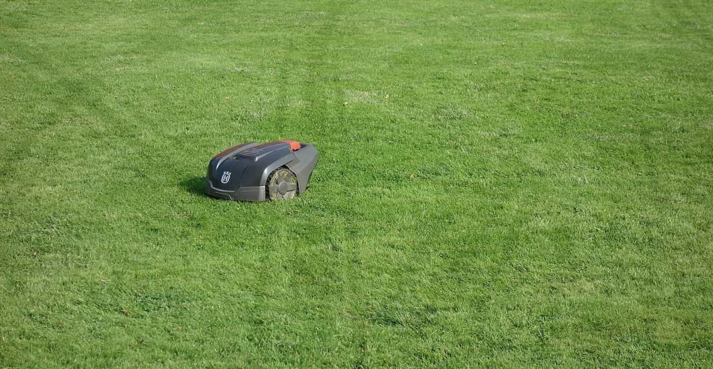 A small robotic lawn mower on a lawn with faint track marks behind it